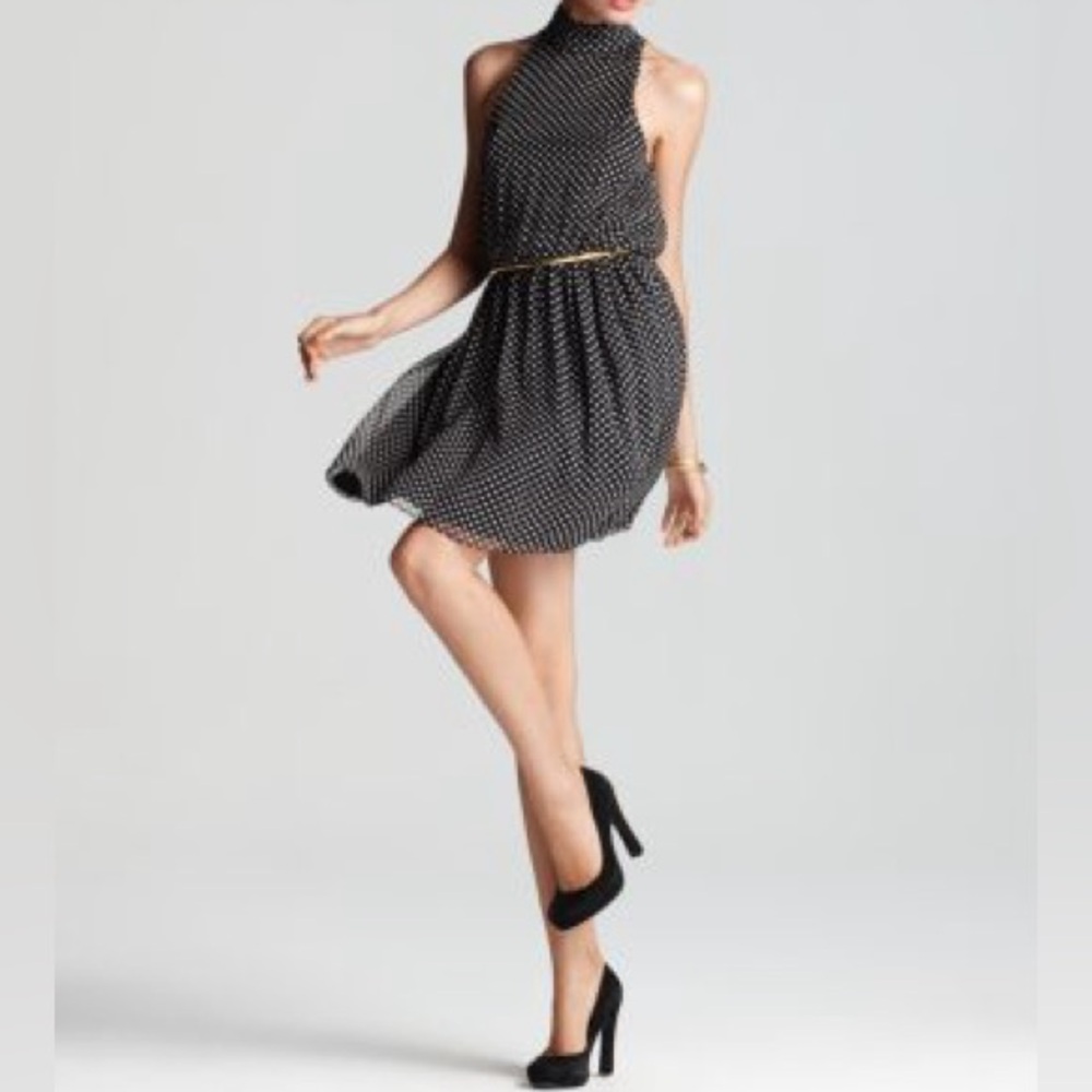 Alice + Olivia Mikeala High Neck Blouson Belt Mini Dress Silk Medium Polka Dots - Picture 16 of 16